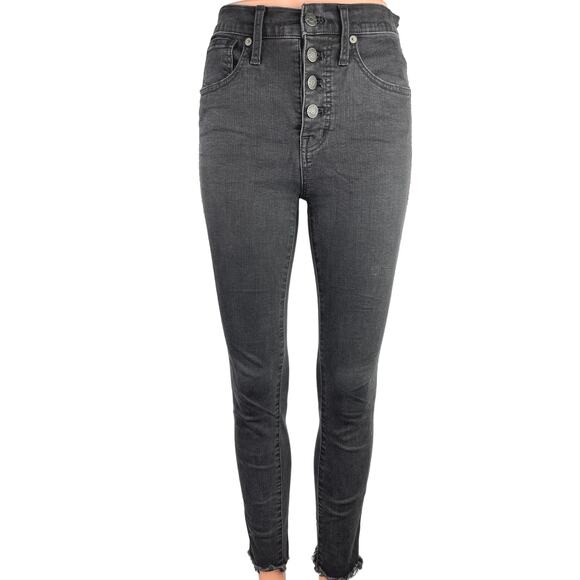 Madewell Black Washed Button Fly Raw Hem High Rise Skinny Denim Jeans Size 25 - Picture 1 of 6